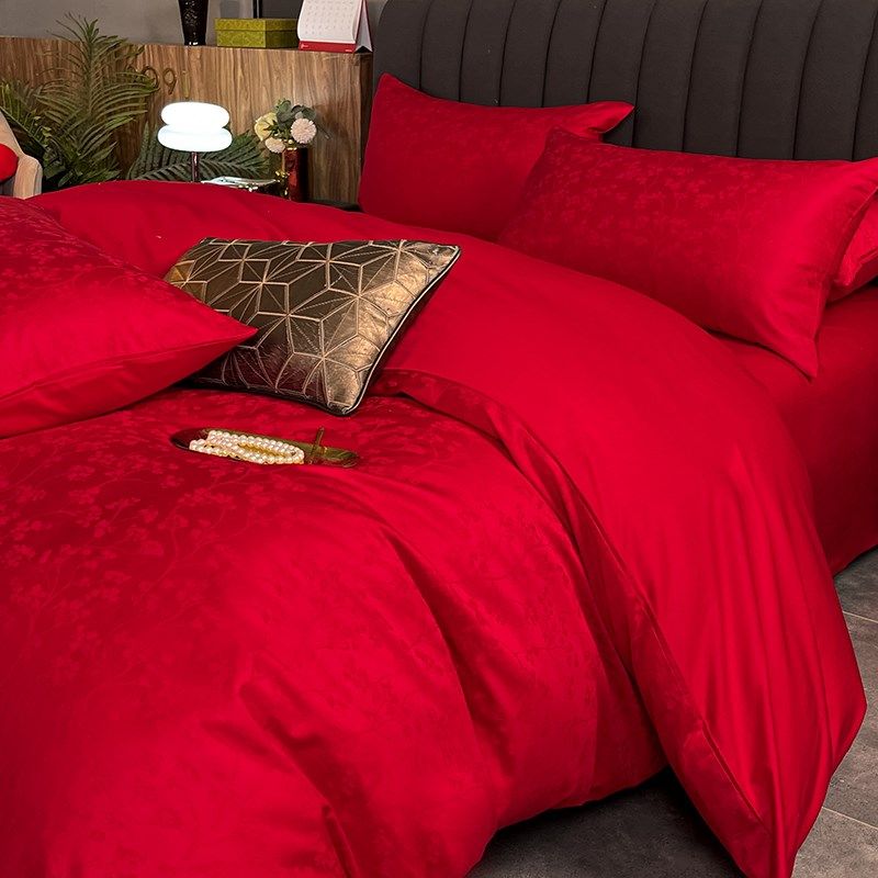 轻奢高级感大红色纯棉全棉结婚庆四件套新婚嫁喜被套床上用品床单