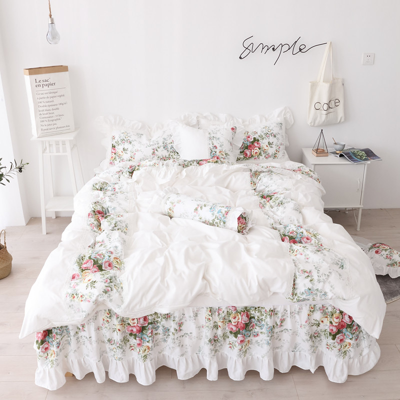 韩式白色床单被套床上用品四件套100全棉纯棉公主风少女心床裙款4