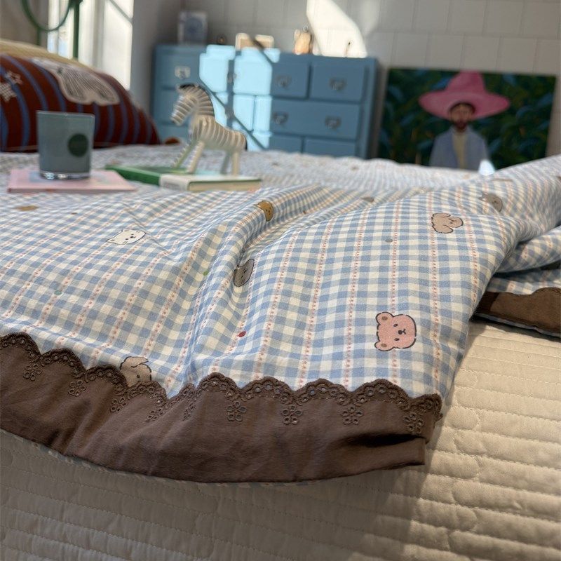 卡通少女心蓝色格子小猫咪单层纱花边夏凉被空调被可机洗薄被芯子,床上用品,化纤被,淘宝优惠券,粉丝福利购,淘宝优惠卷