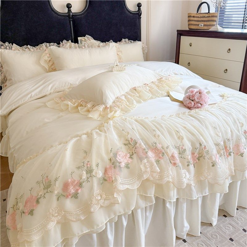 法式全棉裸睡公主风床裙四件套纯棉蕾丝花边少女柔软被套床单床笠,床上用品,学生床品套件,淘宝优惠券,粉丝福利购,淘宝优惠卷