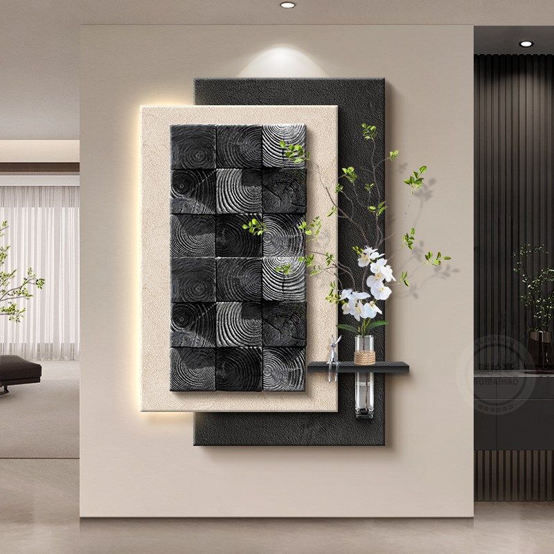 3d立体实木玄关装饰画意式极简客厅走廊过道挂画大白墙高级感壁灯