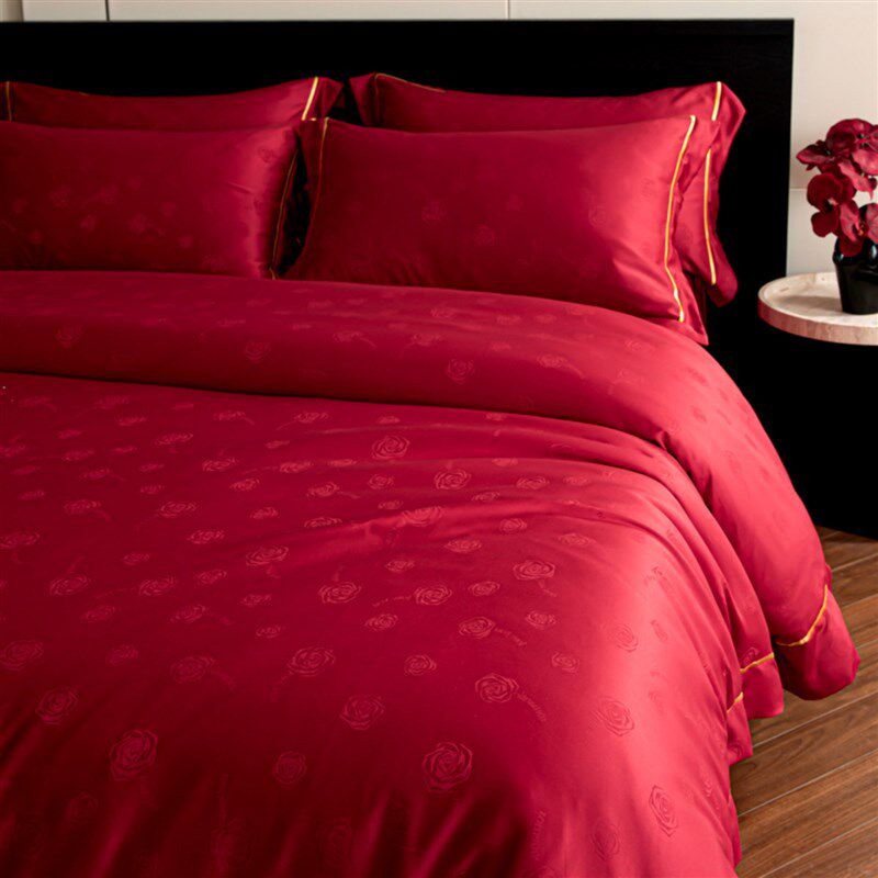 高档浪漫玫瑰提花结婚四件套婚庆红色被套床单陪嫁新婚房喜被床品