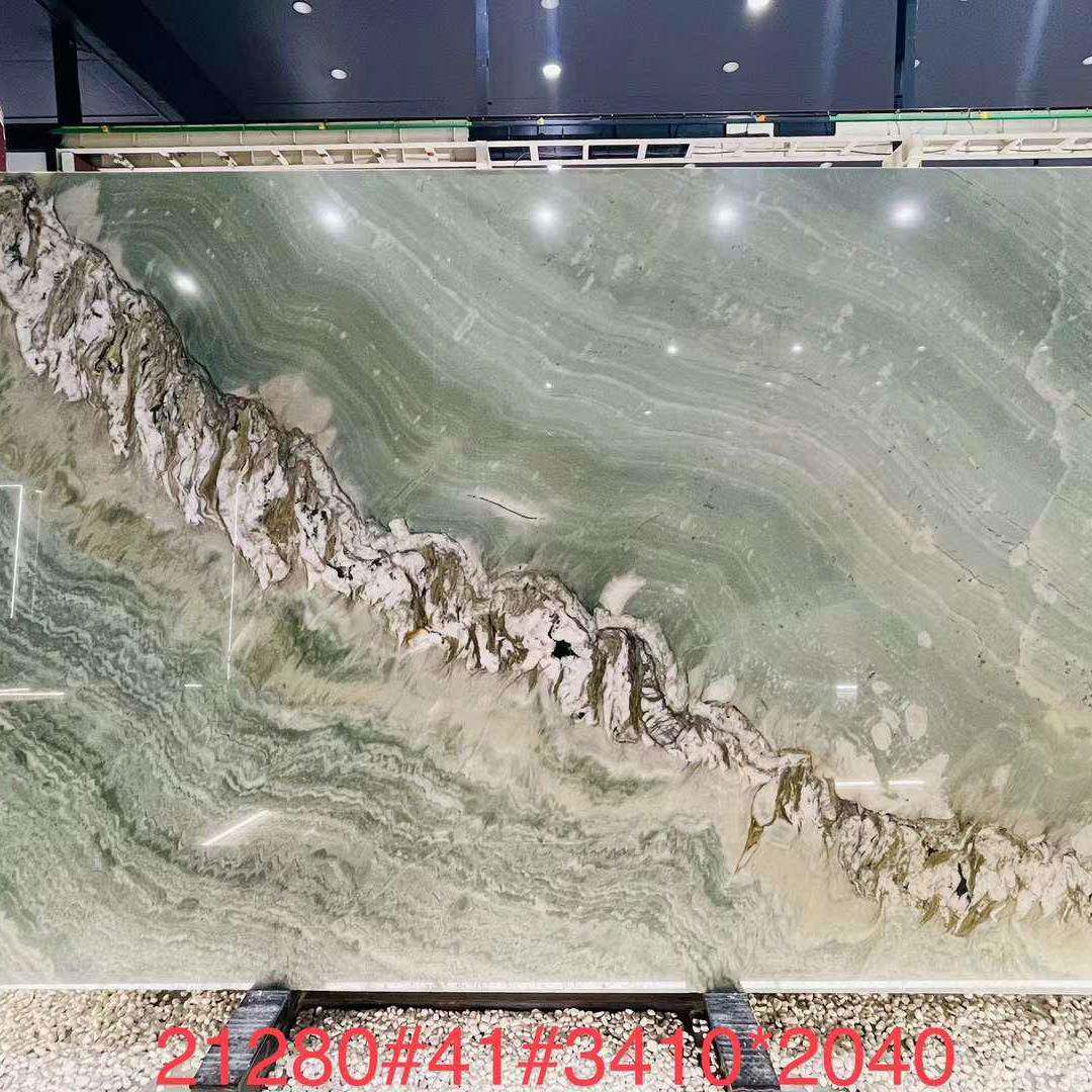 龙纹绿色奢石大理石拼花背景墙客厅茶几面板岛台天然石材