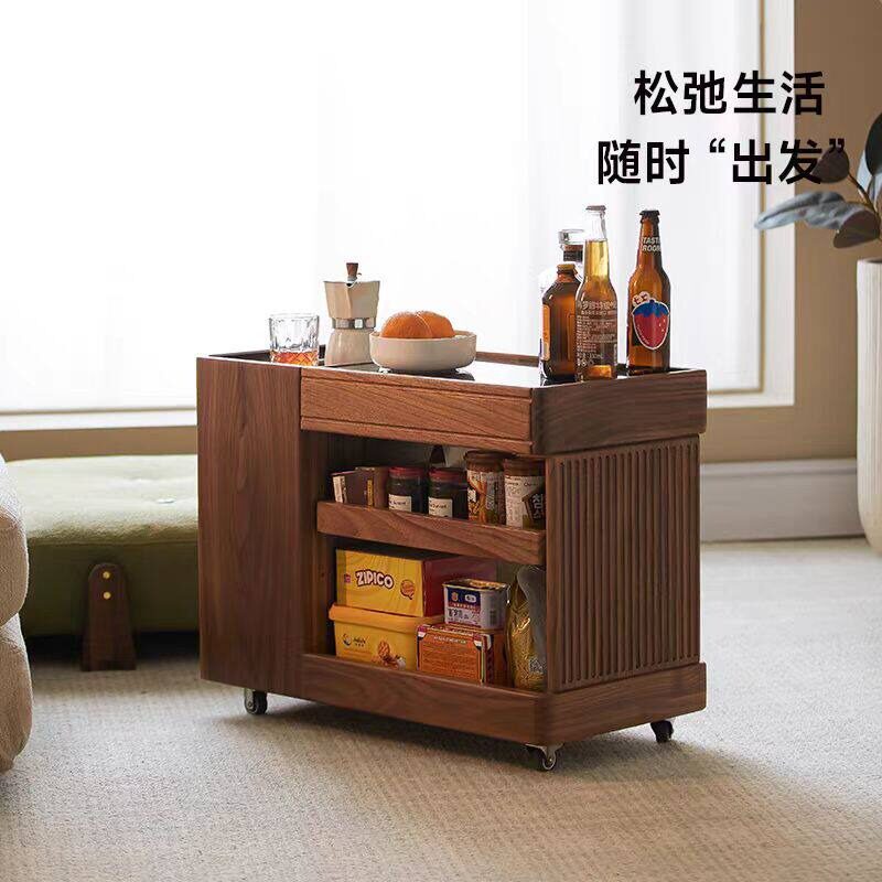 全实木边几移动沙发茶几简约现代创意黑胡桃木小桌子侧边柜小推车