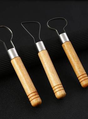 陶泥工具3件组合大刮刀套装木制带不锈钢泥塑环形扁丝刀雕刻工具