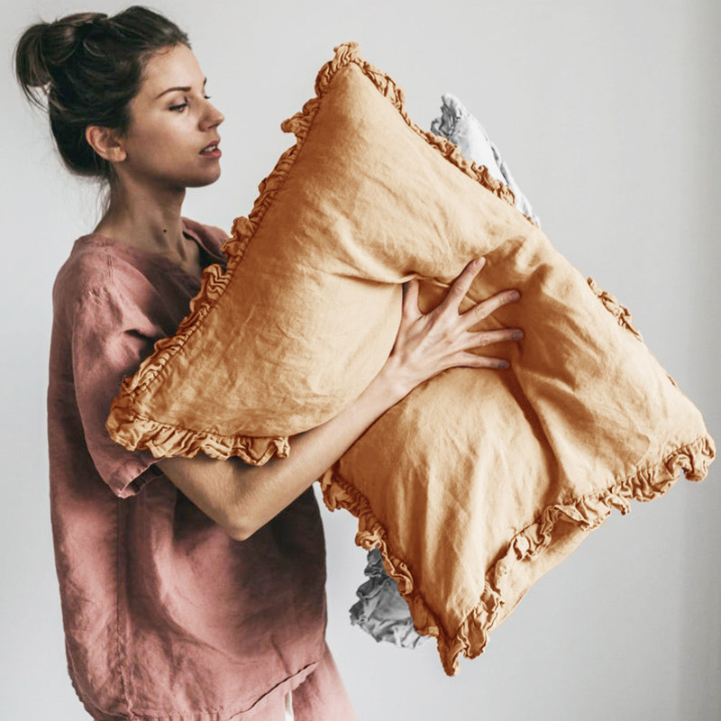 秋冬轻奢亚麻荷叶边枕套单人枕头套纯色公主风粉色花边枕套48*74