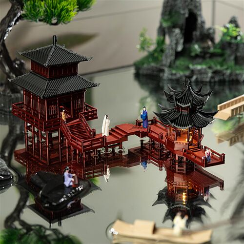 行云阁带灯凉亭带灯造景小摆件假山奇石水陆缸鱼缸庭院古建筑模型