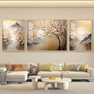 日照金山客厅装饰画简约大芬油画村高档大气沙发背景墙挂画三联画