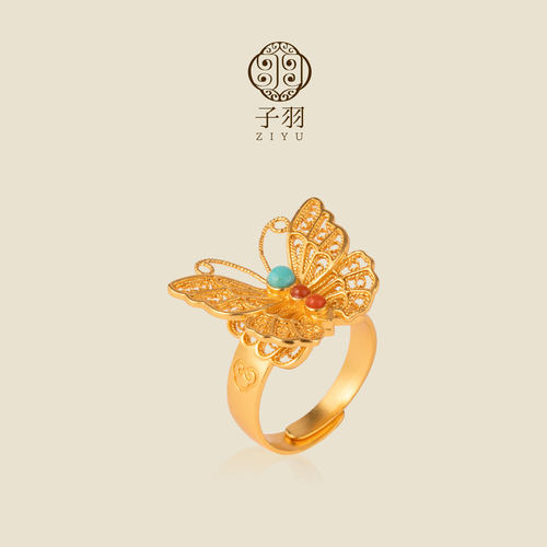 蝴蝶银鎏金戒指非遗花丝
