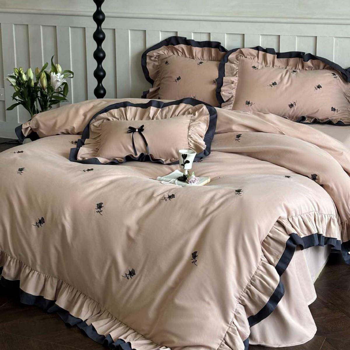 秋冬贡缎全密棉磨毛四件厚套DAF时尚高玫瑰刺加被套床上用绣品