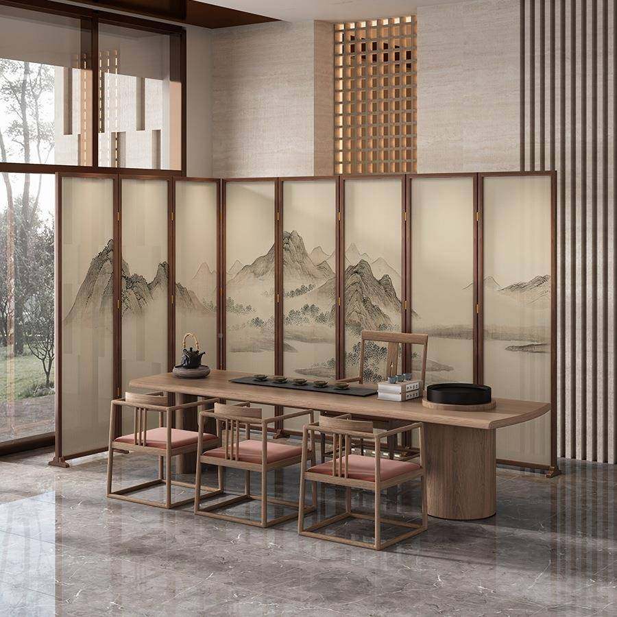 新中式实木移动折叠屏风山隔断公门口985办酒店会客厅群山环室抱