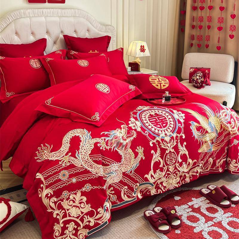高档大色结庆婚件套婚床单龙凤刺绣纯棉四被套全棉喜1548554被红