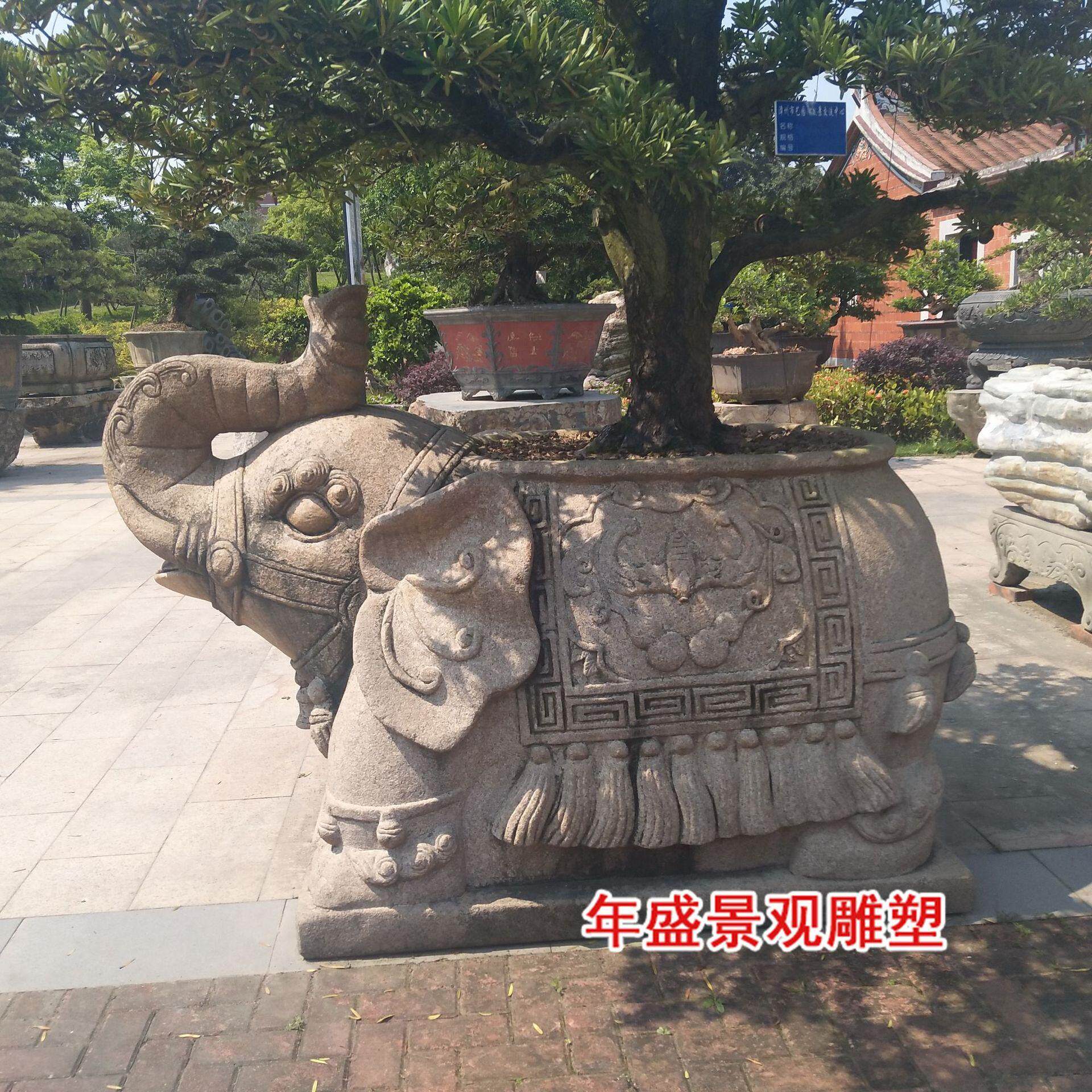 石雕厂家 仿古花盆雕刻 大象造型创意石头花盆公园景观雕塑