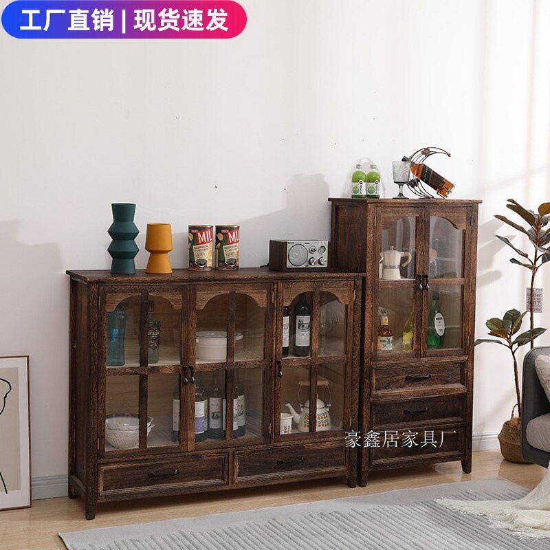 实木酒柜书柜美式展示柜复古多功能储物柜客厅置物柜桌面收纳柜