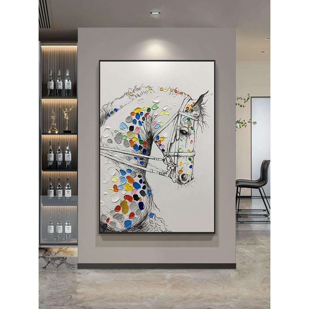 纯手绘油画动物马挂画新中式竖版书房玄关装饰画玄幻壁画大幅落地