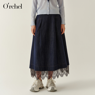 Orchel/欧榭丽2026棉麻牛仔半身裙高腰蕾丝拼接显瘦中长A字裙