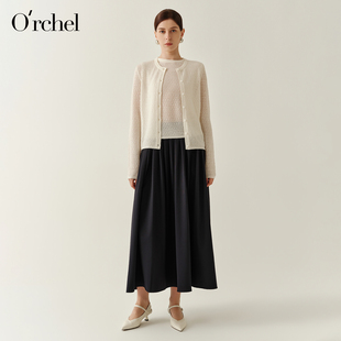 Orchel/欧榭丽2026新款羊毛圆领镂空开衫薄款提花显瘦针织两件套