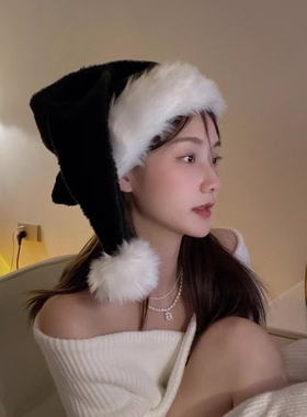 2025新款黑色圣诞帽长毛绒大球加长派对装扮帽子头饰网红拍照道具