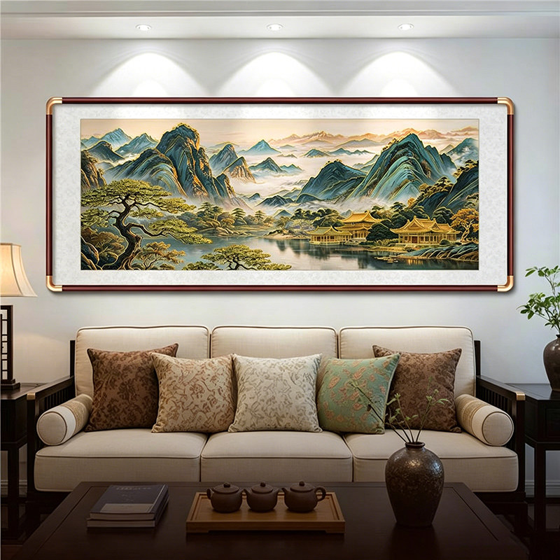 背有靠山客厅挂画立体鎏金浮雕山水画新中式沙发背景墙装饰画