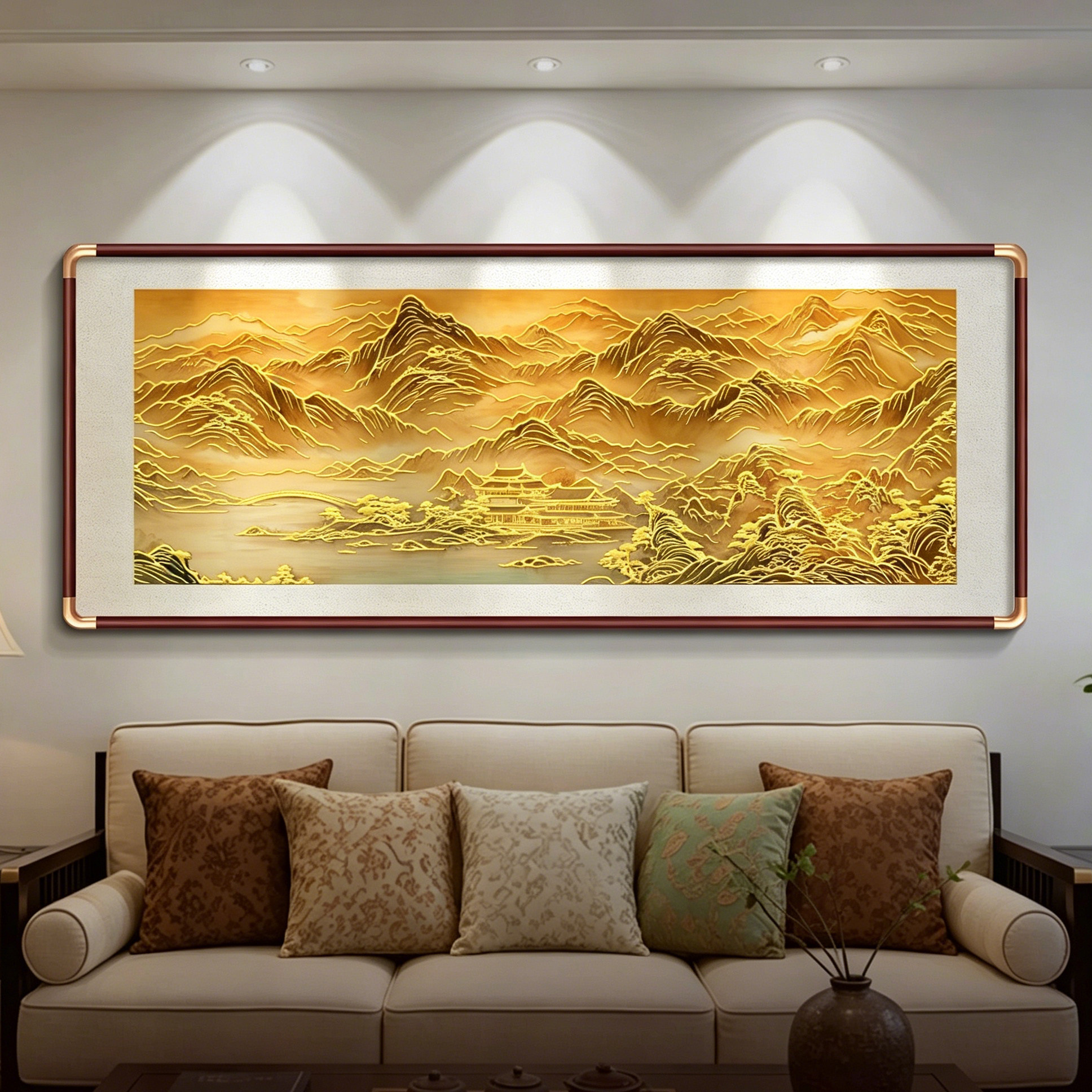 新中式客厅装饰画立体浮雕山水画沙发背景墙挂画高档大气鎏金画