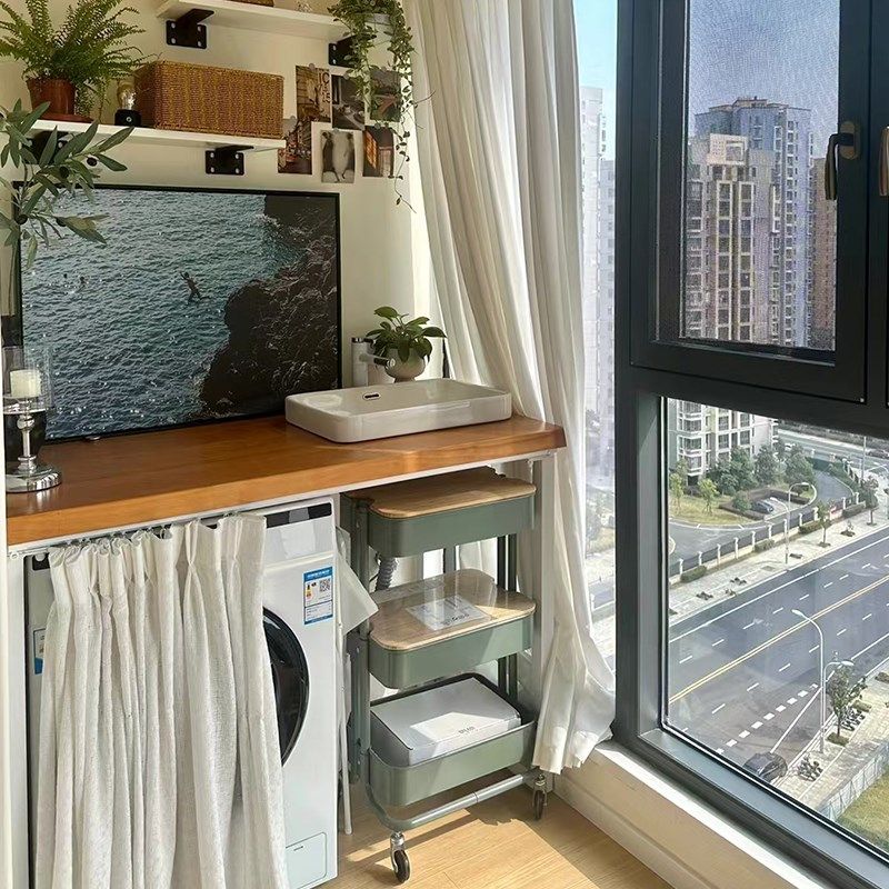定制阳台洗衣机柜实木台面水槽一体柜改造设计阳台置物架板台盆桌