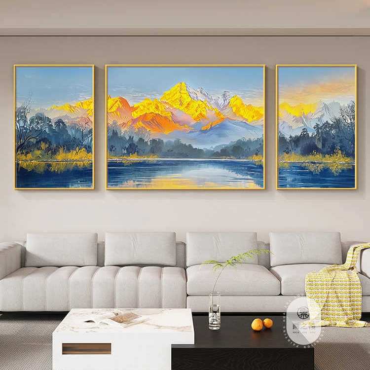 背靠金山客厅背景墙装饰画靠山图生意人挂画大尺寸三联画晶瓷画