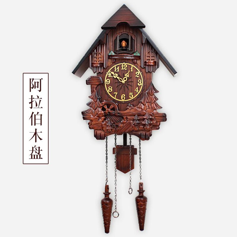 欧式实木雕刻布谷鸟挂钟儿童房客厅音乐整点报时钟摇摆创意咕韶意