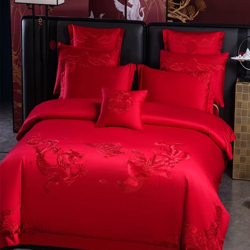 新中式龙凤刺绣100支婚庆四件套大红色被套新婚喜被结婚床上用品4