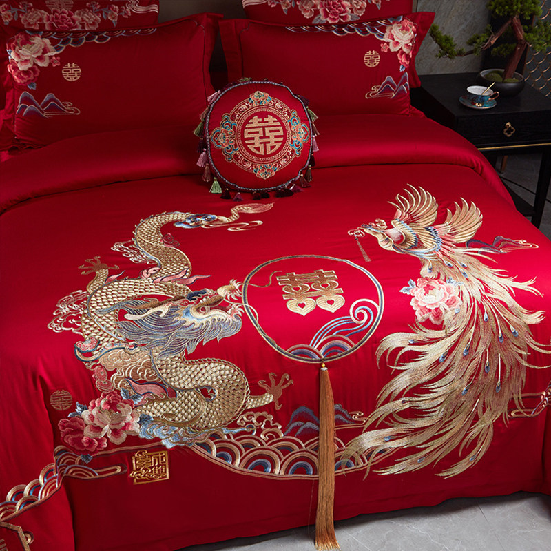 高档婚庆140支全棉四件套龙凤刺绣纯棉被套结婚红色床单喜字床品4