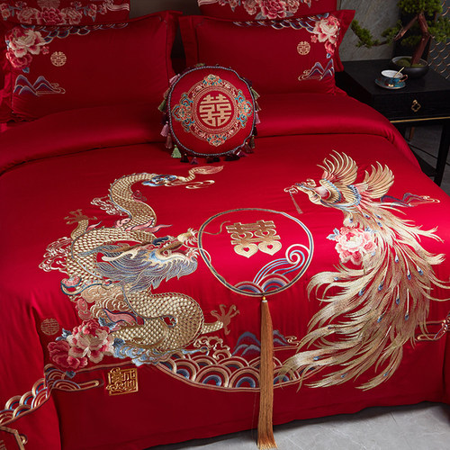 高档婚庆140支全棉四件套龙凤刺绣纯棉被套结婚红色床单喜字床品4