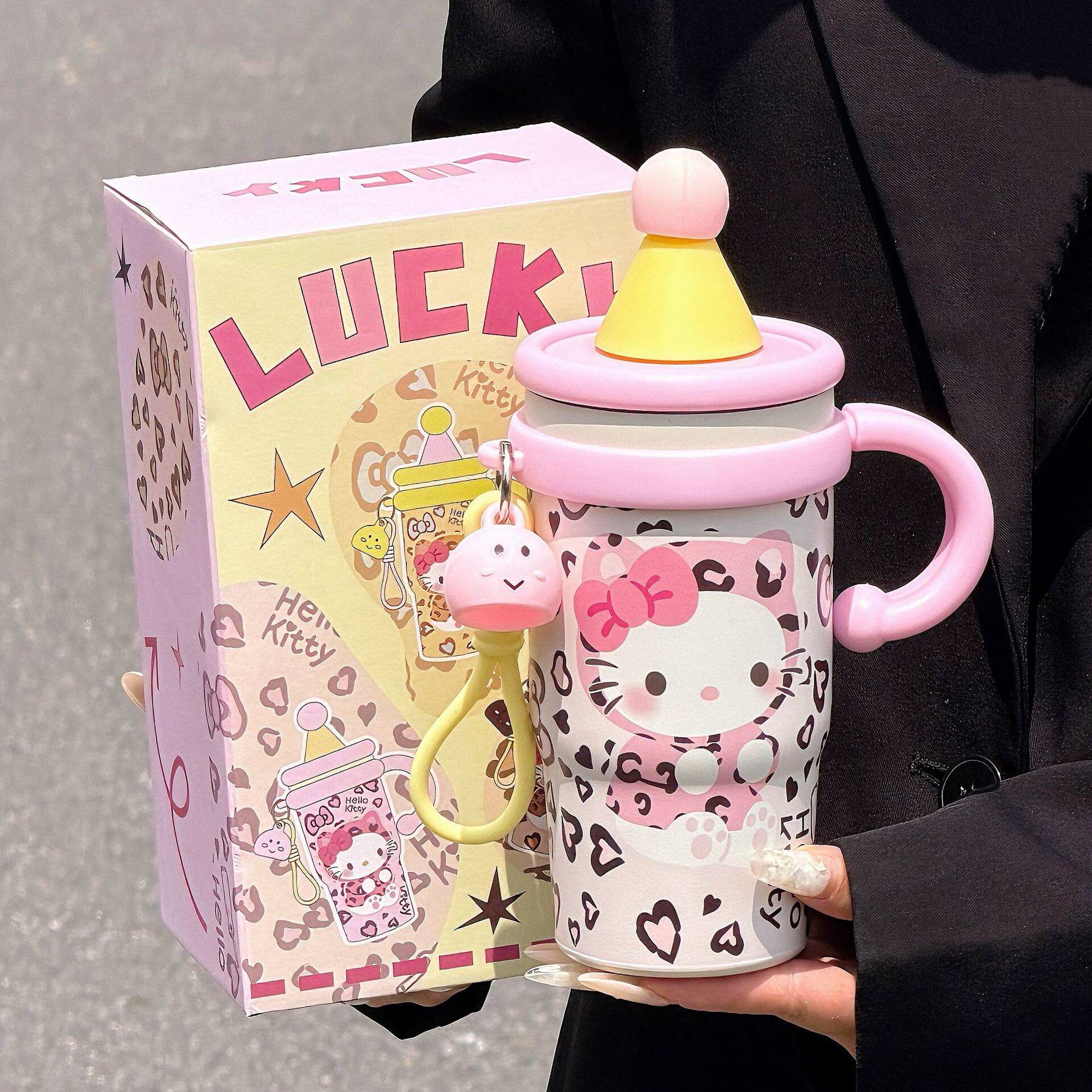 Hellokitty豹纹可爱保温杯高颜值女生带手柄吸管杯女生学生大容量图片