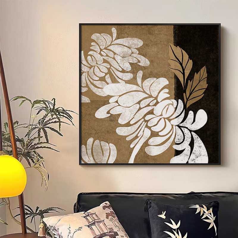 秋菊 中古风客厅装饰画抽象花卉餐厅挂画轻法式复古艺术卧室壁画