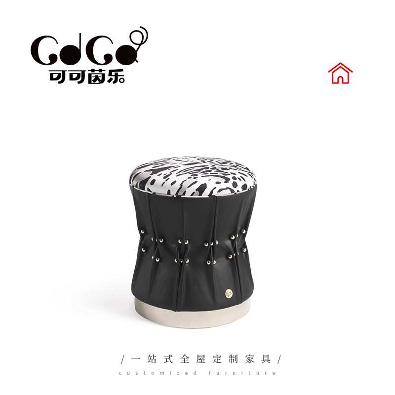 意式轻奢极简不锈钢底座圆形脚踏凳卧室梳妆凳换鞋凳豹纹沙发凳子