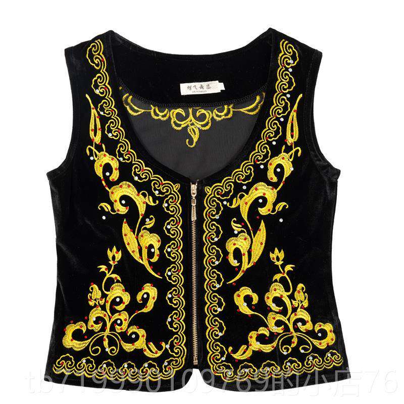 高档广新疆舞演出服韩国绒刺绣女士背心吾尔族烫场舞舞蹈钻短款维