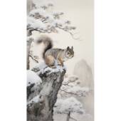 松竖树风景玄关新挂画版 高档松鼠拜寿图画迎客松油客厅装 饰画中式