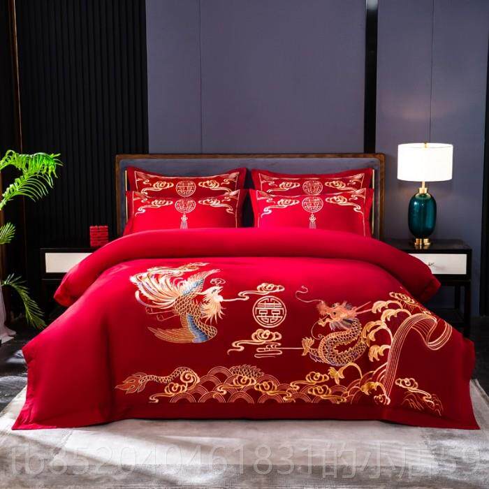 高档庆纯棉婚四庆大红色件套刺绣龙高档结婚礼陪嫁妆被单喜新房凤
