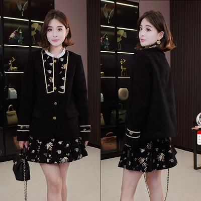 法式小香风丝绒加绒短款女套装