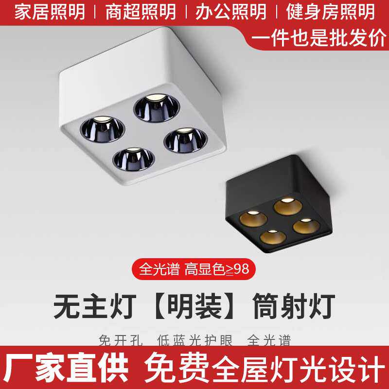 无主灯照明4头正方形筒灯客厅led射灯明装家用卧室灯具四头斗胆灯