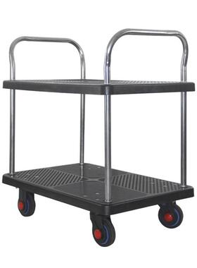 双层手推车快递专用黑色小推车围栏平板车不锈钢扶手静音手推车