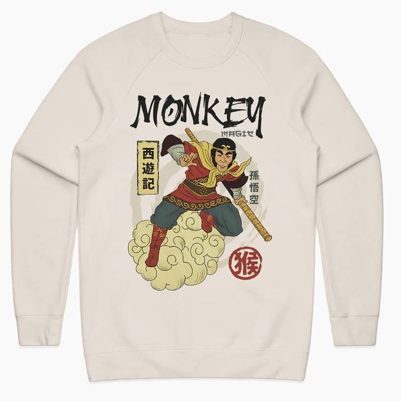 西游记孙悟空猴子中国风动画复古数码直喷印花宽松男士圆领连帽卫
