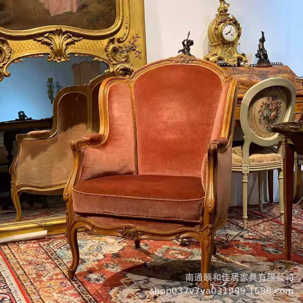 美式实木雕花单人沙发客厅复古布艺休闲沙发椅别墅影楼接待沙发椅