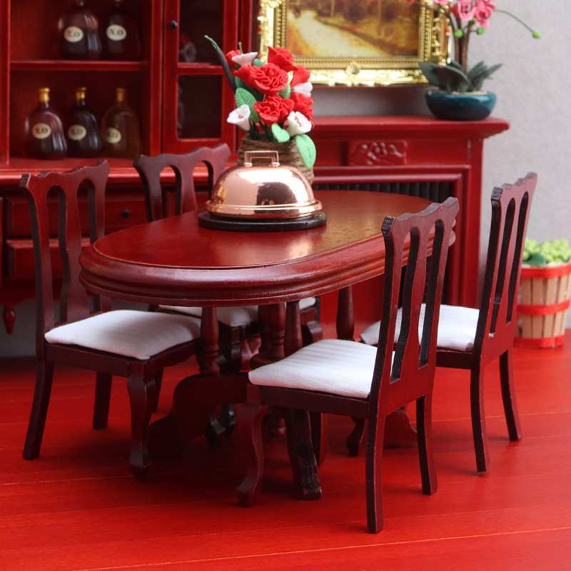 1:12娃娃屋dollhouse迷你家具微缩场景摆件木制工艺品餐厅桌椅