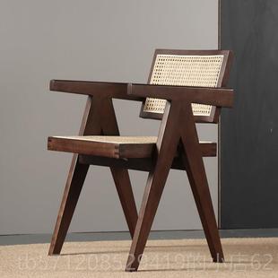 新款 昌迪尔椅子藤编椅家加用靠背实原桃胡木靠餐背扶手侘寂风民宿