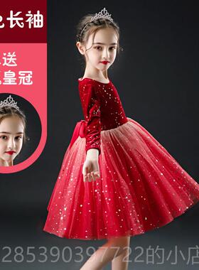 新款儿童礼合唱演出女童蓬蓬裙中红色服小学生朗诵集体比赛表演服