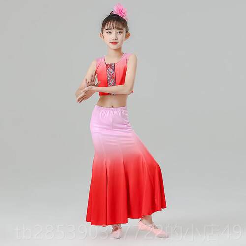 新款儿童服族舞蹈裙童演出女孔雀傣舞鱼尾裙包臀大摆裙练习裙少数