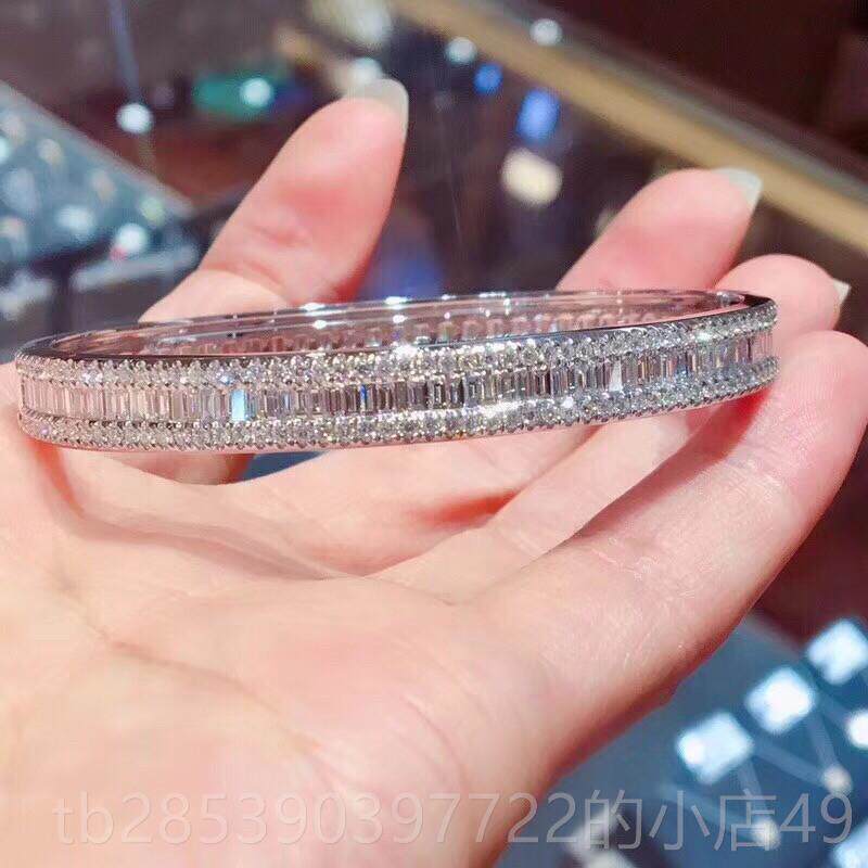 新款蝶珠宝纯手仿钻手镯925银镀18k白金满钻梯卓T方钻石手镯情侣