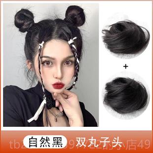 新款双丸假发头圈盘发器女蓬松圈真发丸子头发子饰哪咤头假发发花
