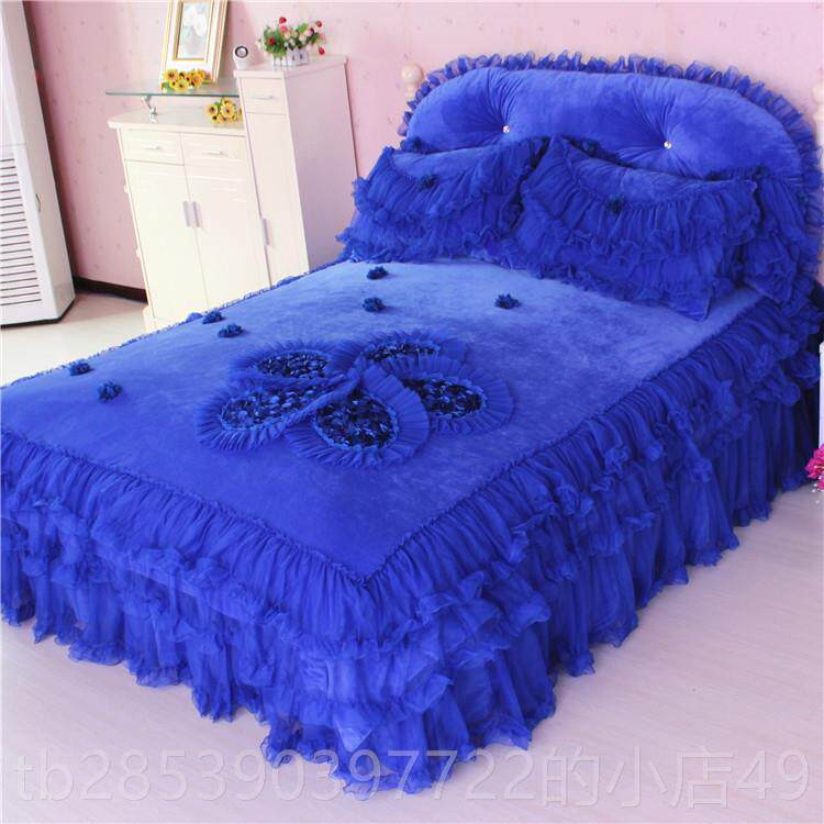 新款床裙式冬款绗缝花边四件套少心双面女绒新床单床罩被套紫色家