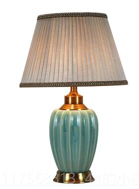 正品美式客厅瓷台灯中式样板房卧室床陶灯欧现式简约代头蓝色台灯