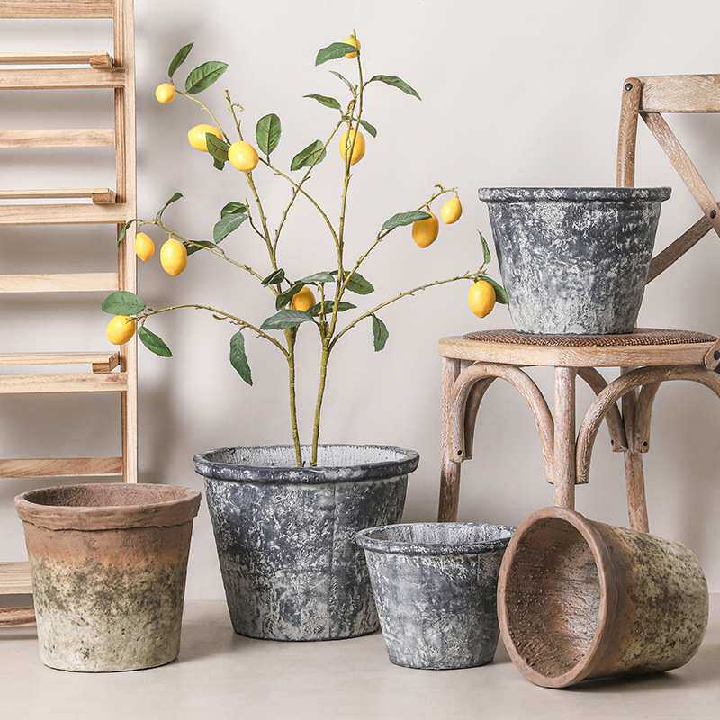 复古田园风黑陶水泥小花盆红陶仿古做旧中号绿植花器园艺手工制作